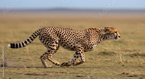 A cheetah in motion across a vast, grassy savanna.
