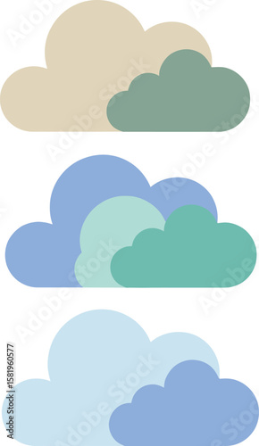 A charming collection of cloud illustrations in varying shades of blue and neutral tones. These whimsical designs are perfect for children's themes, backgrounds, or any project that seeks to evoke a s
