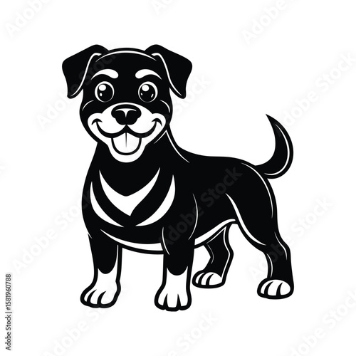 Happy black dog standing with joyful expression puppy white