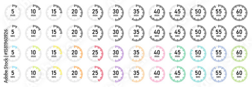 Set of circular countdown timers in black and color for 5 to 60 seconds and minutes. Perfect for UI design, workout apps, presentations, videos, or loading animations. Vector illustration.