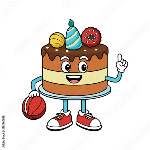 Happy cake character holding basketball and wearing party hat cartoon