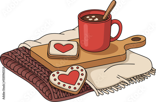 A cozy scene with a red mug of hot chocolate heart shaped cookies and a knitted blanket on a white background
