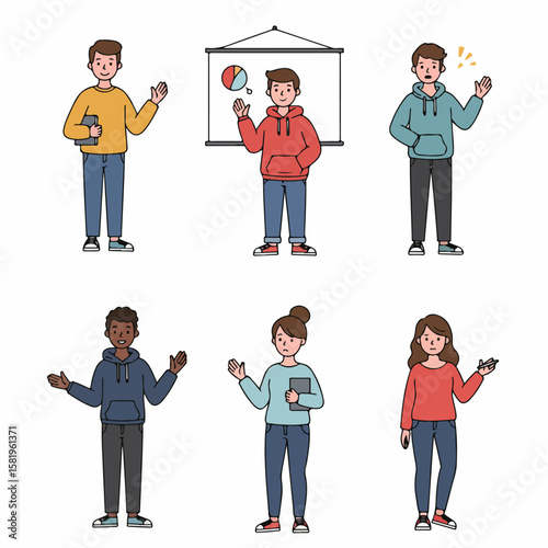 Illustration of young people presenting, learning, and discussing in a casual setting, suitable for education, business, and teamwork themes.