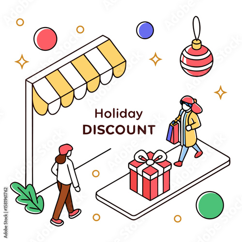Isometric holiday discount scene featuring shoppers gift box ornament and store awning with festive elements