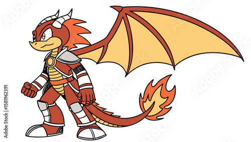 Anthropomorphic dragon character with wings and armor standing ready