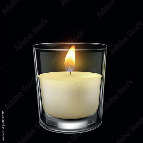 Realistic wax candle with burning flame on wick in glass cup.
