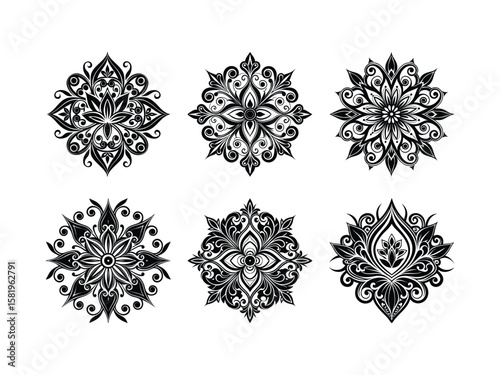 Intricate floral mandala patterns black silhouettes tattoo