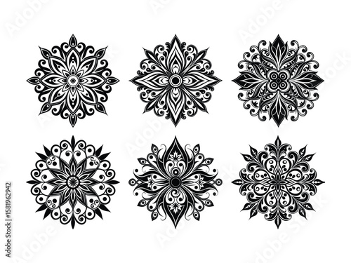 Intricate floral mandala motifs black on white pattern ornament