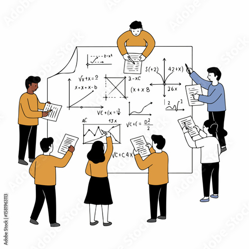 Diverse Group Collaborating on Math Problems or Business Analysis at a Whiteboard, Illustrating Teamwork and Learning