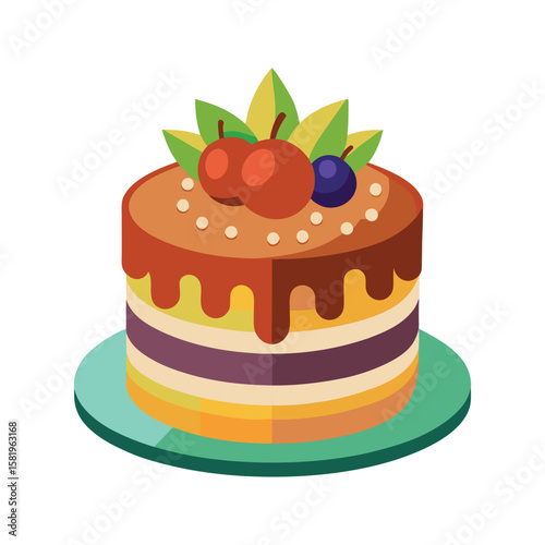 Layered cake with chocolate glaze and berries dessert sweet