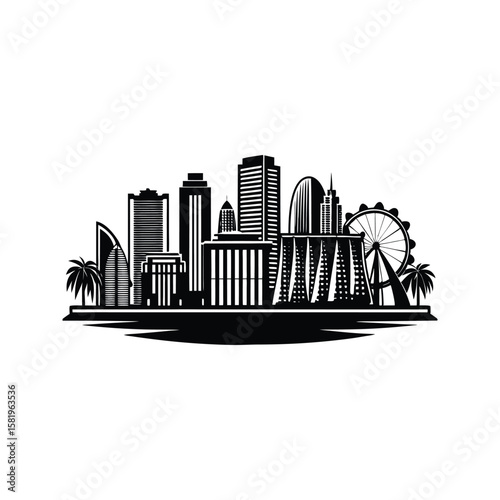 Modern city skyline with palm trees and Ferris wheel buildings architecture