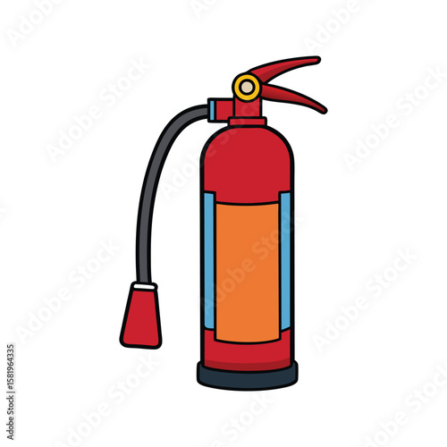 Red fire extinguisher with orange label and black hose vector