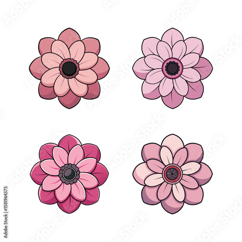 Pink floral illustrations with dark centers isolated on white flowers