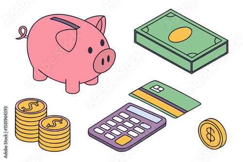 Piggy bank with cash, coins, credit card, and calculator