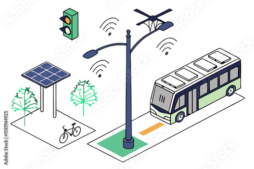 Smart city concept with solar powered street light and bus