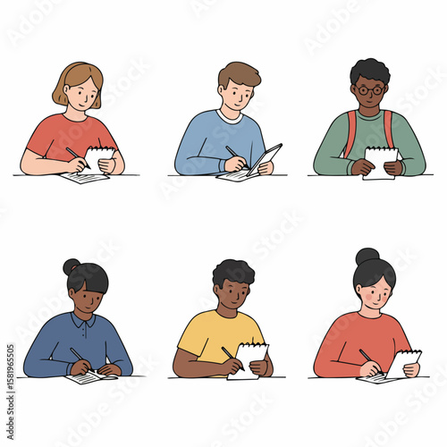 Diverse group of students of various ethnicities and genders sitting at desks and writing in notebooks, symbolizing studying, learning, and education.