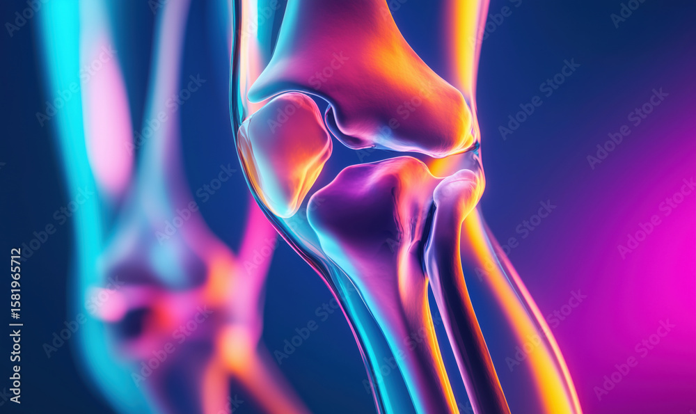 Naklejka premium Colorful 3D rendering of human knee joint anatomy with vibrant lighting effects.