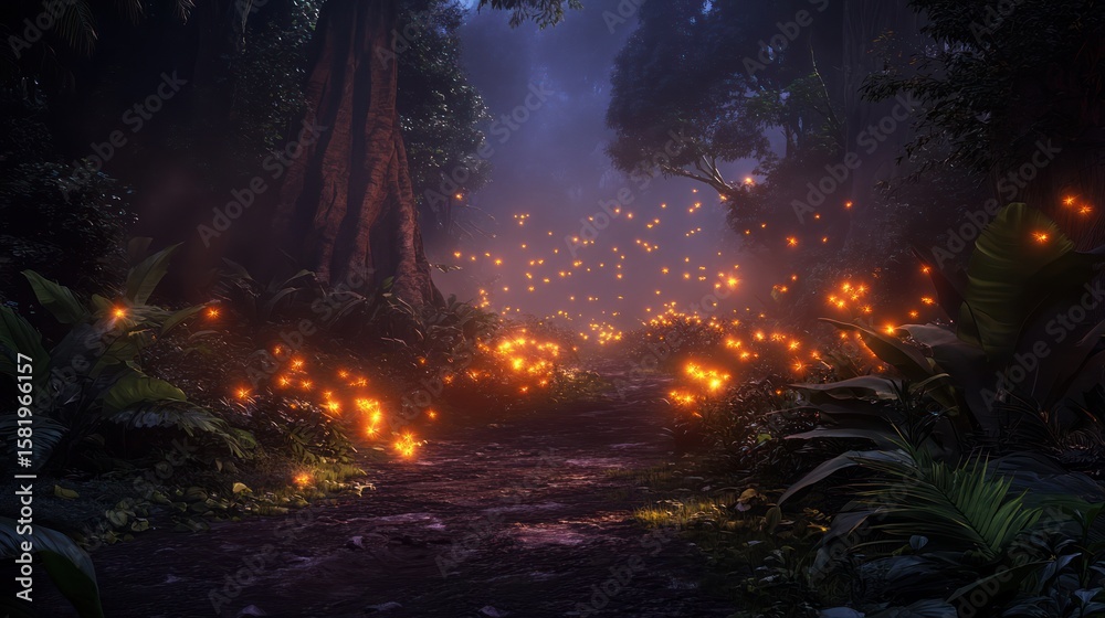 Fototapeta premium Enchanted forest path at night