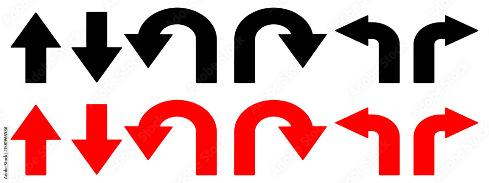 Way One Way Only U Turn Left Go Straight This and Right Black, Red Arrow Sign Direction Icon Set. Finding direction. arrow sign vector illustration.