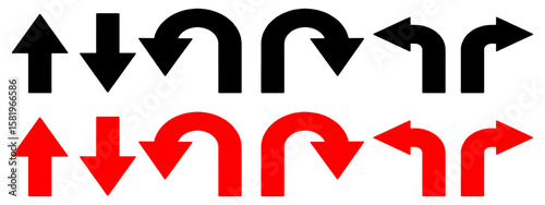 Way One Way Only U Turn Left Go Straight This and Right Black, Red Arrow Sign Direction Icon Set. Finding direction. arrow sign vector illustration.