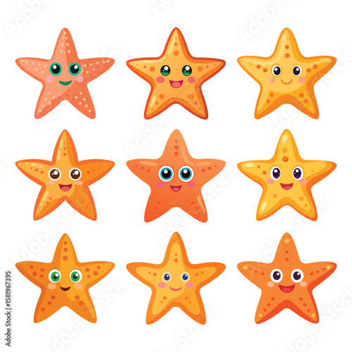 Smiling orange and yellow starfish characters sea creatures ocean life