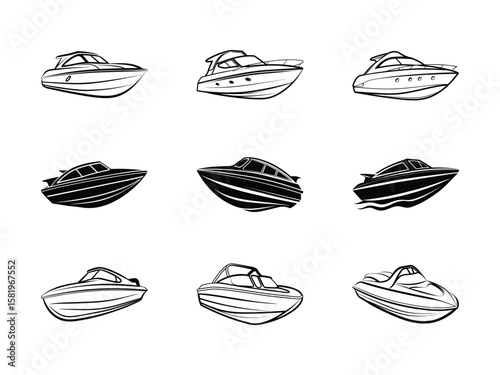 Speedboat and yacht outlines isolated watercraft vessel