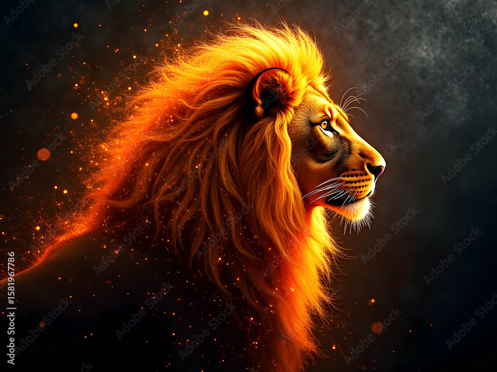 Naklejka premium A Majestic Lion's Silhouette, Captivating Side Profile with Fiery Mane and Golden Gaze, Symbolizing Strength and Power