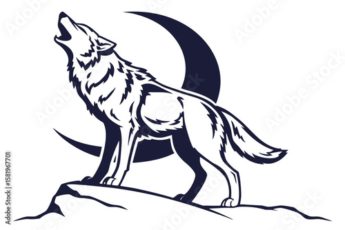 Wolf howling at the crescent moon