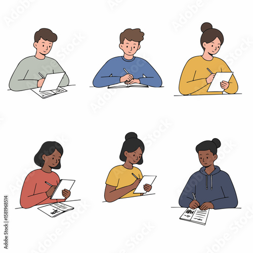 Diverse Students Writing Notes or Studying at Desks - Hand Drawn Illustration Set