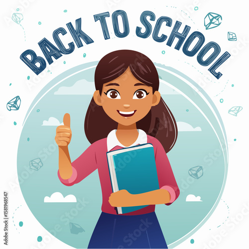 Cheerful young girl giving a thumbs-up with one hand and holding a book tightly with the other, symbolizing confidence and love for learning