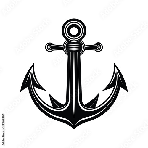 Black anchor symbol with curved flukes and circular top nautical maritime