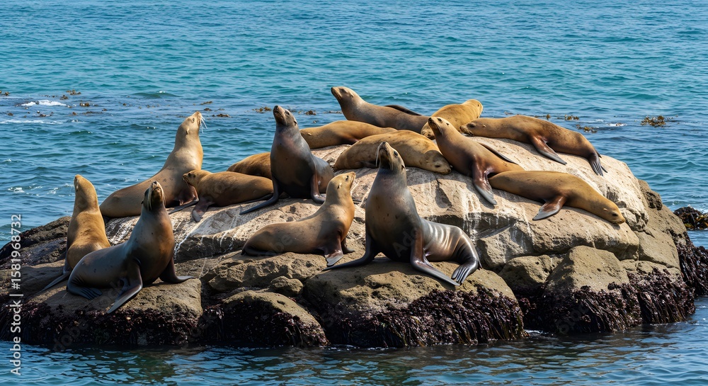 Fototapeta premium A group of sea lions resting on a rocky outcrop in the ocean.