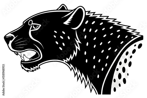 Aggressive cheetah head illustration with mouth open, black and white