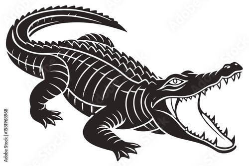 Alligator with mouth open, showing sharp teeth, black and white vector