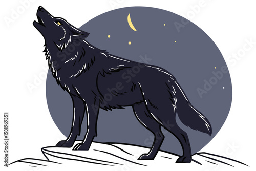 A lone wolf howls at the moon on a starry night