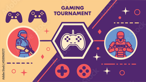 Retro Futuristic Gaming Tournament:  Players Compete,  Line Art Style,  Vibrant Color Palette,  Energetic and Competitive Mood,  Modern Esports Design.