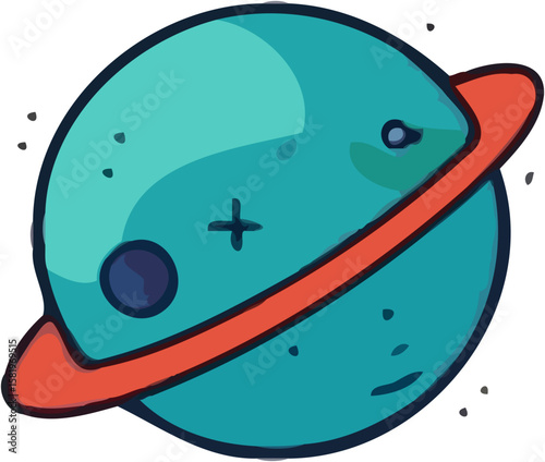 Cartoon teal planet with red ring, space dust, and small craters.