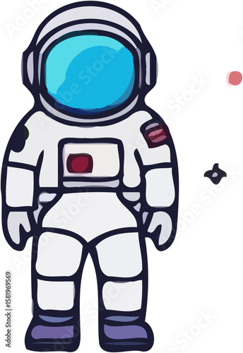 Cartoon astronaut in a white spacesuit with a blue helmet visor, standing with stars and a planet in the background.