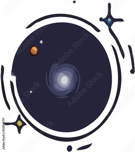 Stylized illustration of a galaxy with orbiting planets and stars.