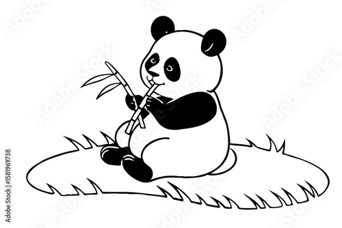 Cute panda eating bamboo, sitting on grass