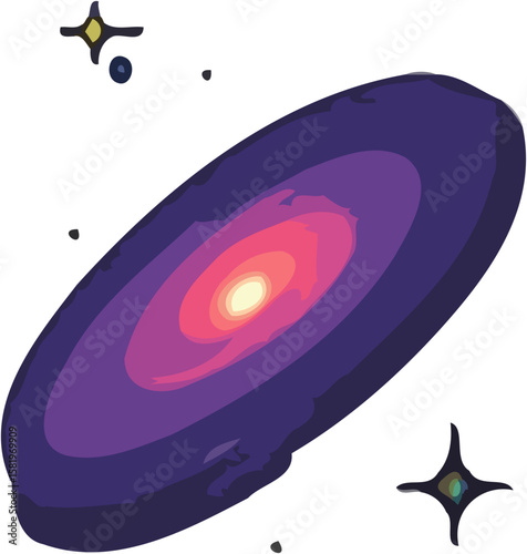 A stylized illustration of a galaxy with swirling colors and bright center, surrounded by stars.