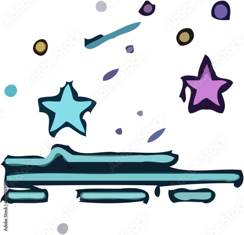 Stylized illustration featuring stars, circles, and abstract shapes in shades of blue, purple, and gold against a white background.