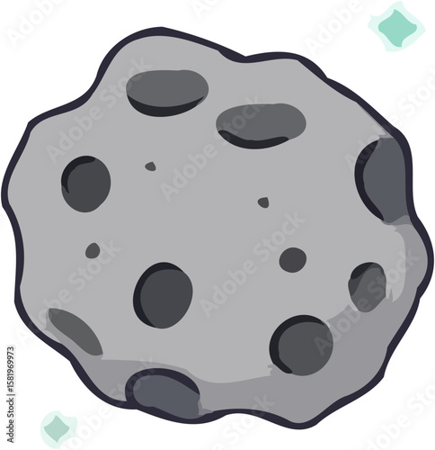 Cartoon asteroid with craters, floating in space with sparkling stars.