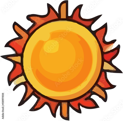 A vibrant cartoon sun with fiery orange and red rays.