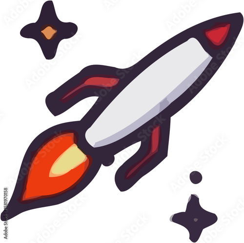 A stylized illustration of a rocket ship blasting off into space with stars.