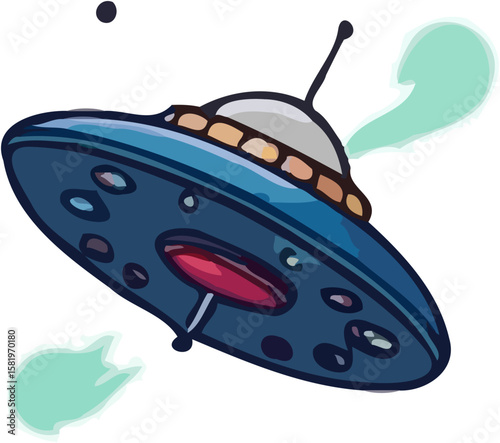 A cartoon illustration of a blue flying saucer with green vapor trails.