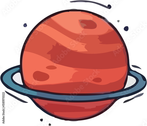 Cartoon depiction of a reddish planet with rings, surrounded by small dots.