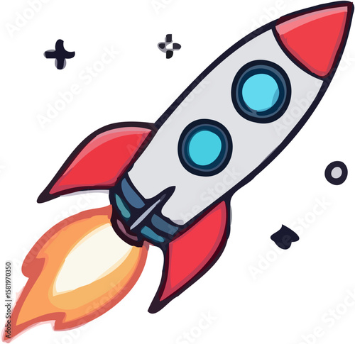 Cartoon rocket ship blasting off with flames, surrounded by stars and space debris.