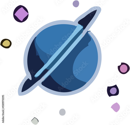 Cartoon illustration of a blue planet with a ring and surrounding celestial objects.