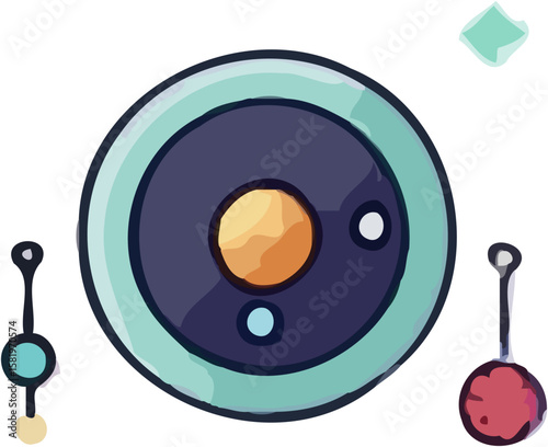 Stylized illustration of a planetary system or technological device, featuring a central orb and two smaller, connected elements.